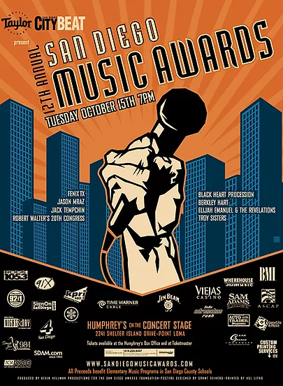 Official poster for the 12th Annual San Diego Music Awards, presented by San Diego CityBeat and Taylor Guitars, showing a fist gripping a microphone against orange sunburst rays over silhouetted skyscrapers, with the venue and sponsor listings along the bottom.