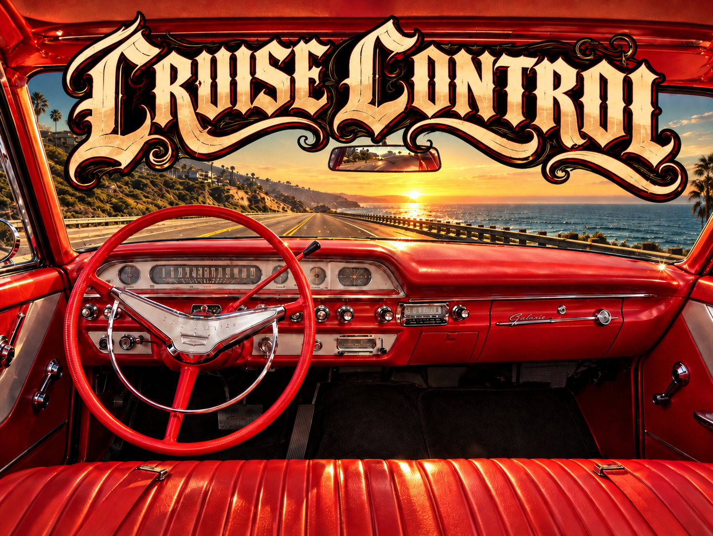 Cruise Control lettering above a red vintage lowrider dashboard overlooking the Southern California coast at sunset