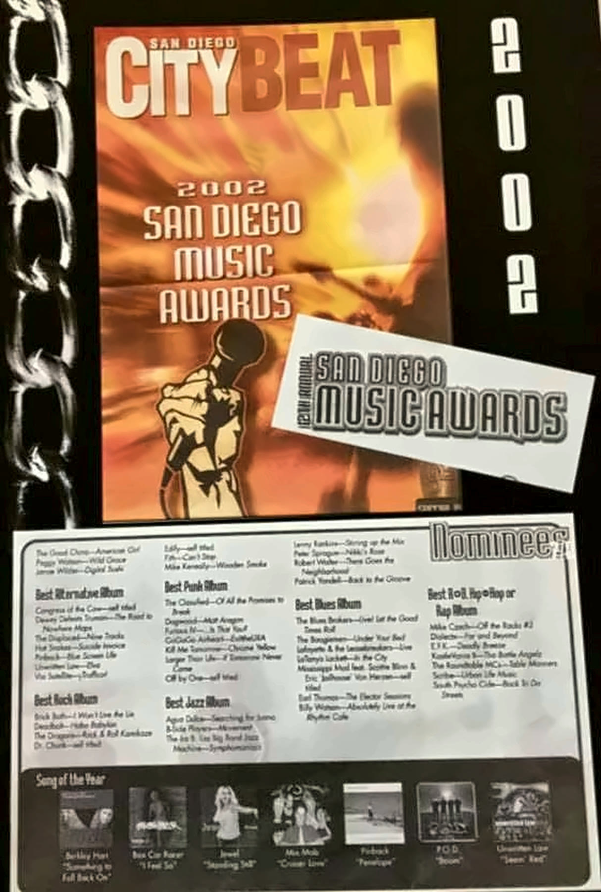 MIX MOB's 2002 San Diego Music Awards nomination packet: the San Diego CityBeat event booklet, the 12th Annual San Diego Music Awards strip, and the nominees insert listing “Cruizer Love” for Song of the Year, mounted beside the year 2002.