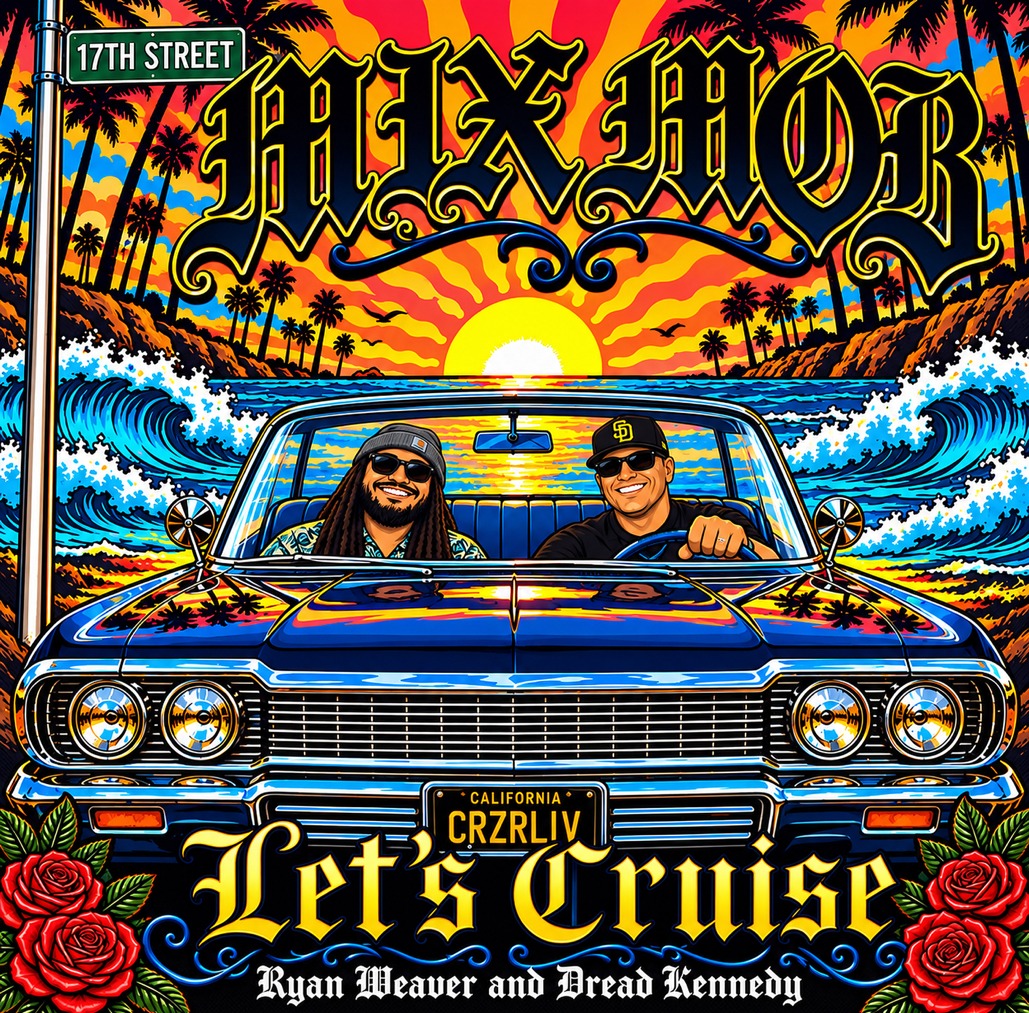 Let’s Cruise single artwork by Mix Mob — a classic lowrider cruising into a Southern California sunset with palm trees and waves