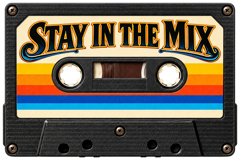 Mix Mob “Stay in the Mix” cassette tape artwork with bold 80s-style graphics